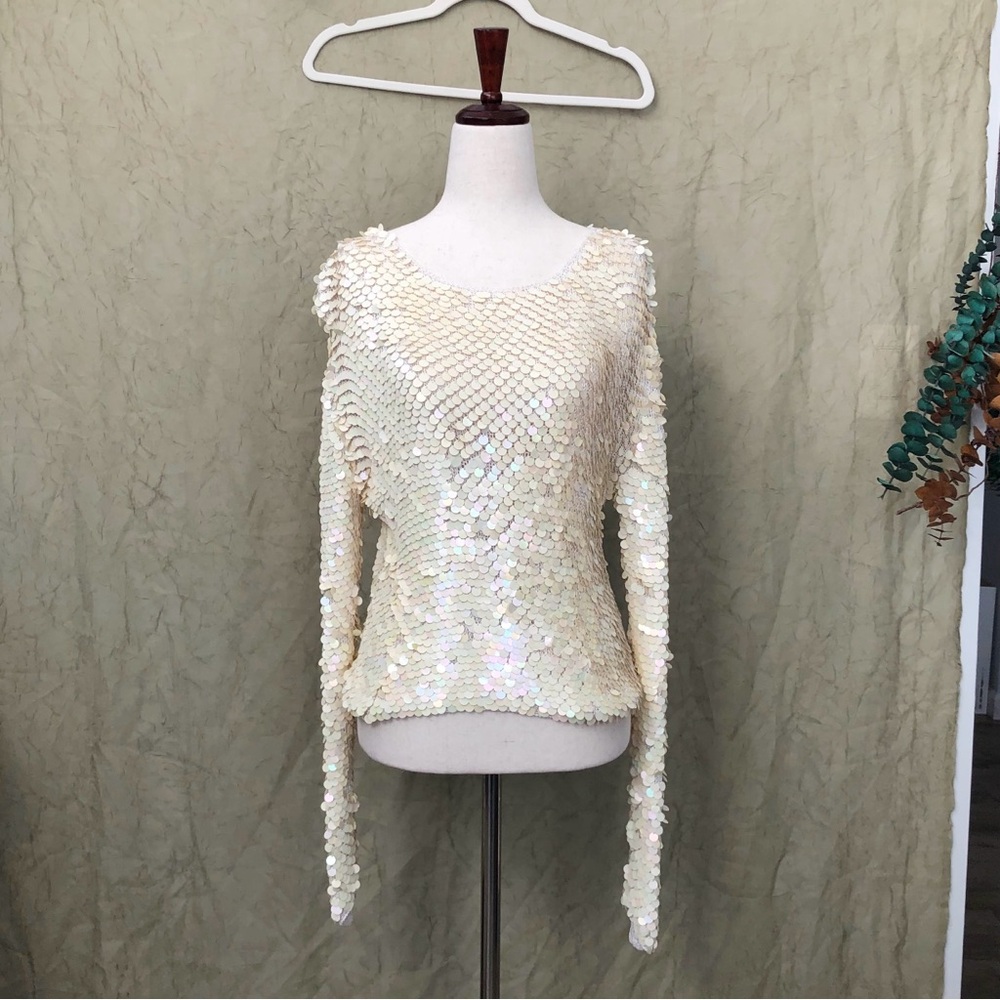 Vintage Iridescent Sequenced Scale Mail Mermaid Core Knit Top Size Small